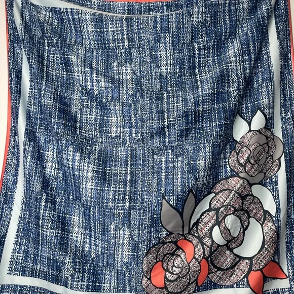 100% Silk Oversized Denim-Like Pattern w/ Flower Scarf -Blues, Grays & Coral - Picture 2 of 4